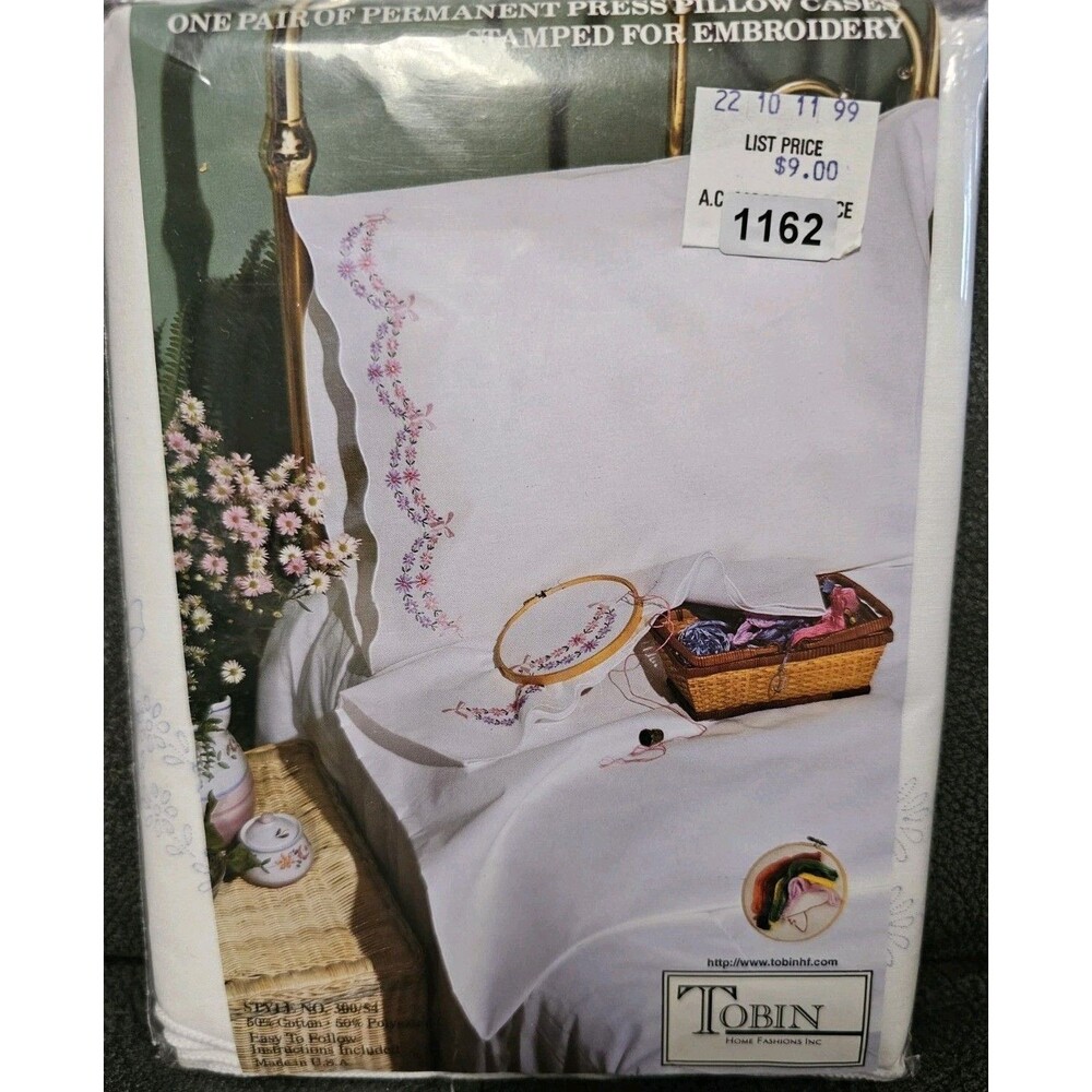 Tobin Stamped Pillowcases  20" x 30" Embroidery Kit Scalloped Edge Floral Swag